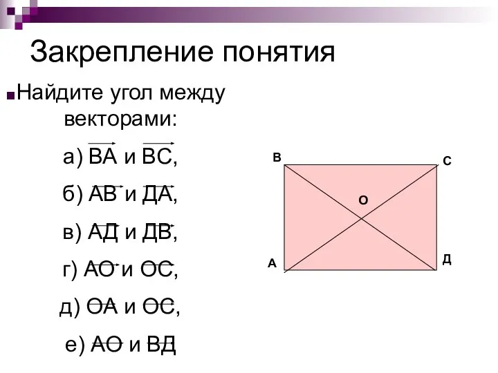 Закрепление понятия Найдите угол между векторами: а) ВА и ВС, б)