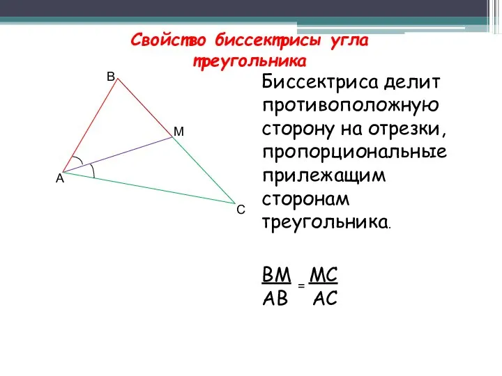 Свойство биссектрисы угла треугольника А В М С Биссектриса делит противоположную