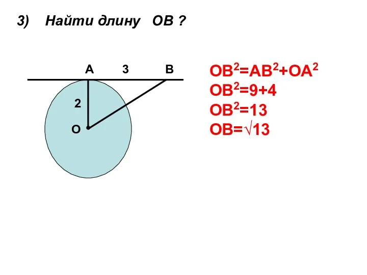 ● О А В 2 3 3) Найти длину ОВ ? ОВ2=АВ2+ОА2 ОВ2=9+4 ОВ2=13 ОВ=√13