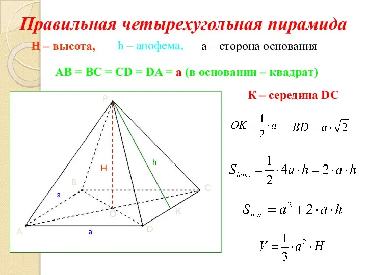 Правильная четырехугольная пирамида h – апофема, H – высота, AB =