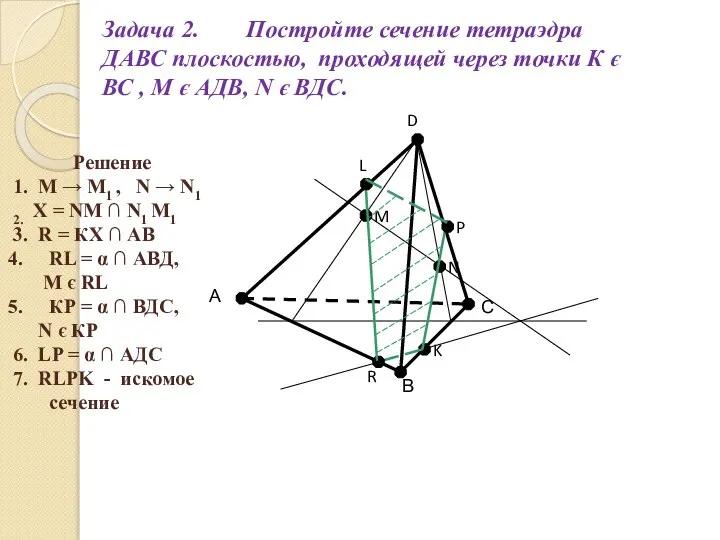 Задача 2. Постройте сечение тетраэдра ДАВС плоскостью, проходящей через точки К