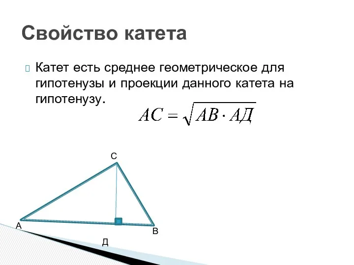 Катет есть среднее геометрическое для гипотенузы и проекции данного катета на