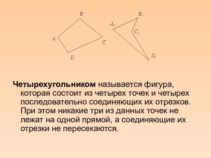 Четырехугольником называется фигура, которая состоит из четырех точек и четырех последовательно