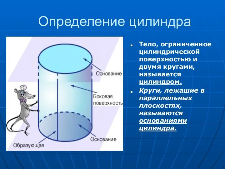 Определение цилиндра Тело, ограниченное цилиндрической поверхностью и двумя кругами, называется цилиндром.