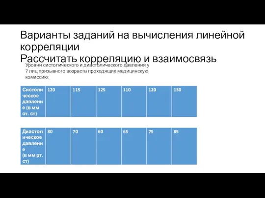 Варианты заданий на вычисления линейной корреляции Рассчитать корреляцию и взаимосвязь Уровни