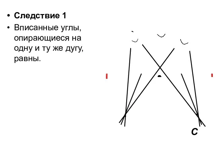 Следствие 1 Вписанные углы, опирающиеся на одну и ту же дугу, равны. 0 А В С