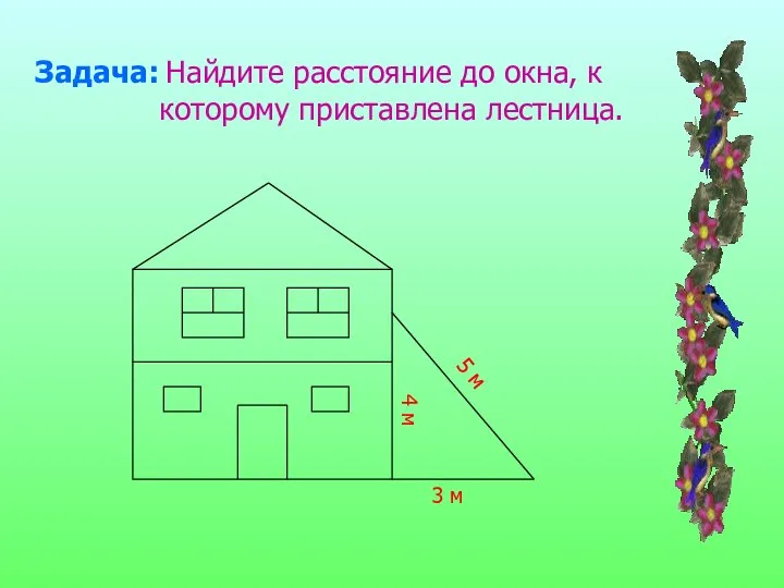 Задача: Найдите расстояние до окна, к которому приставлена лестница. 3 м 5 м 4 м