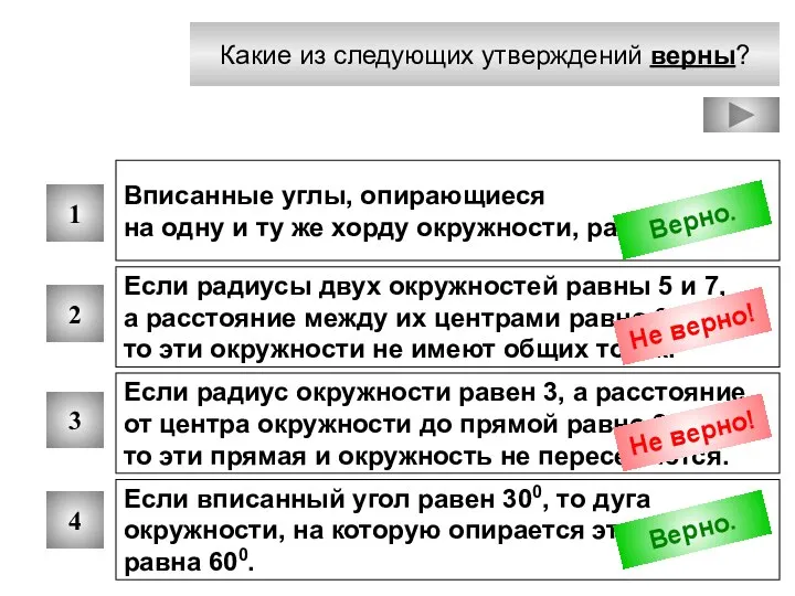 Какие из следующих утверждений верны? 1 2 3 4 Вписанные углы,