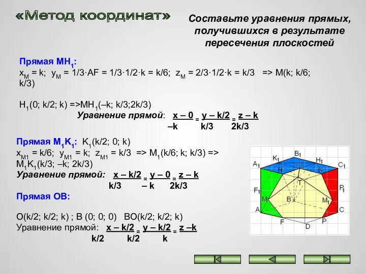 «Метод координат» Составьте уравнения прямых, получившихся в результате пересечения плоскостей Прямая