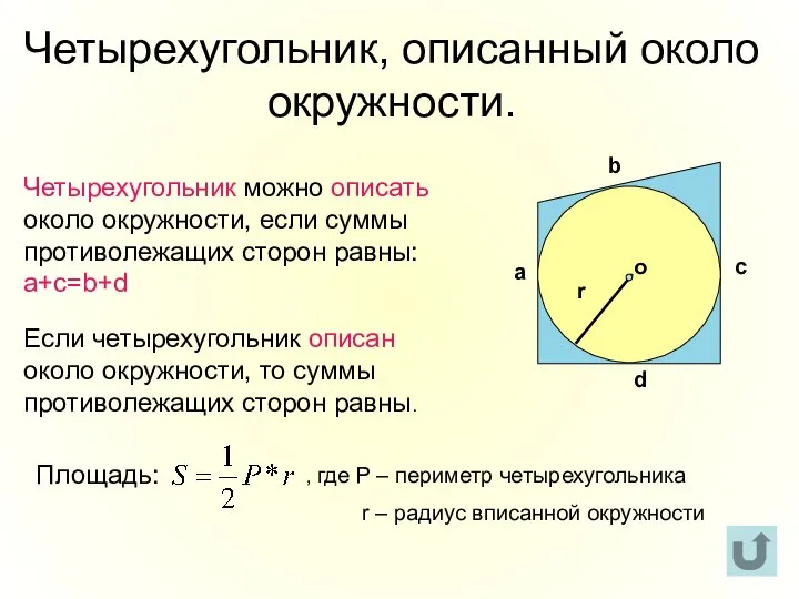 Четырехугольник, описанный около окружности. Четырехугольник можно описать около окружности, если суммы