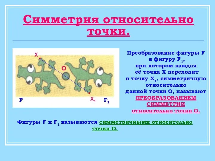 Симметрия относительно точки. Преобразование фигуры F в фигуру F1, при котором