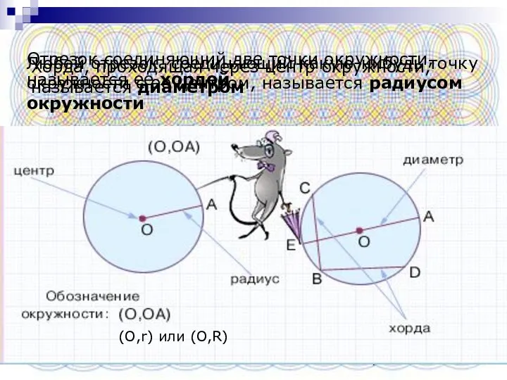 (O,r) или (O,R) Любой отрезок, соединяющий какую-нибудь точку окружности с ее