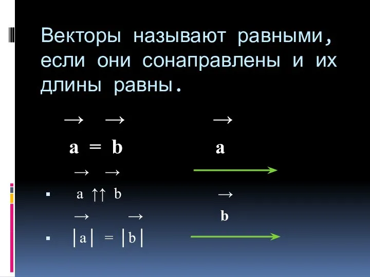 Векторы называют равными, если они сонаправлены и их длины равны. →