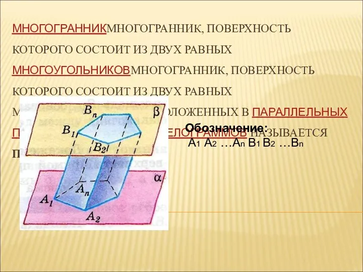 МНОГОГРАННИКМНОГОГРАННИК, ПОВЕРХНОСТЬ КОТОРОГО СОСТОИТ ИЗ ДВУХ РАВНЫХ МНОГОУГОЛЬНИКОВМНОГОГРАННИК, ПОВЕРХНОСТЬ КОТОРОГО СОСТОИТ