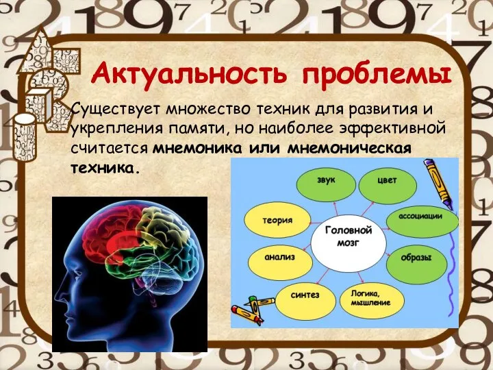 Актуальность проблемы Существует множество техник для развития и укрепления памяти, но