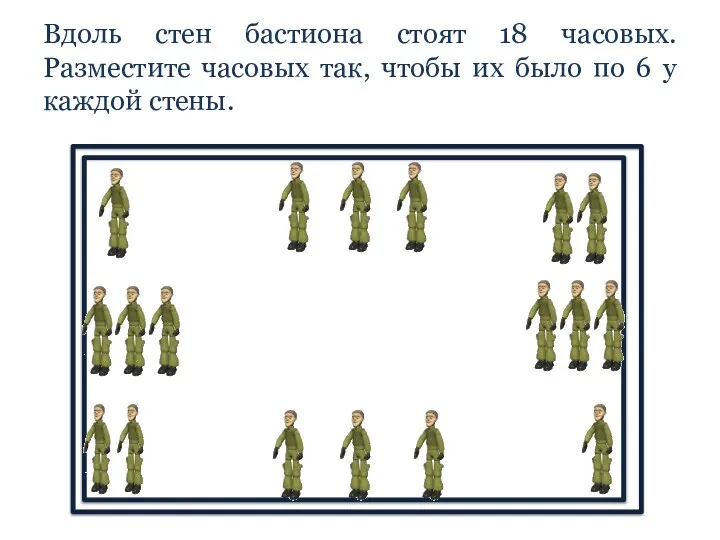 Вдоль стен бастиона стоят 18 часовых. Разместите часовых так, чтобы их