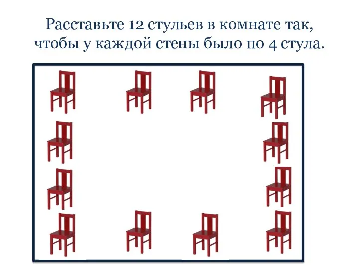 Расставьте 12 стульев в комнате так, чтобы у каждой стены было по 4 стула.