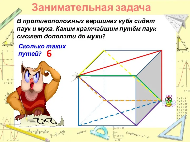 В противоположных вершинах куба сидят паук и муха. Каким кратчайшим путём