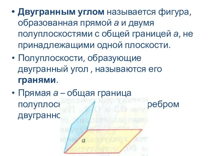 Двугранным углом называется фигура, образованная прямой а и двумя полуплоскостями с