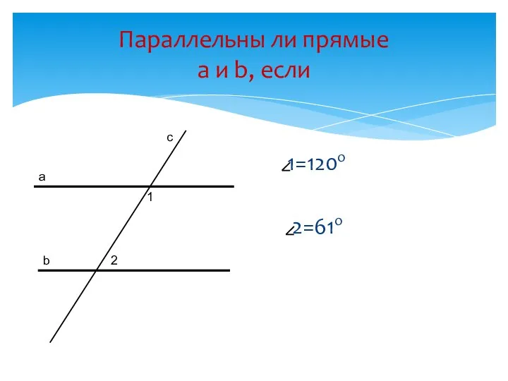 Параллельны ли прямые a и b, если 1=120о 2=61о а b с 1 2