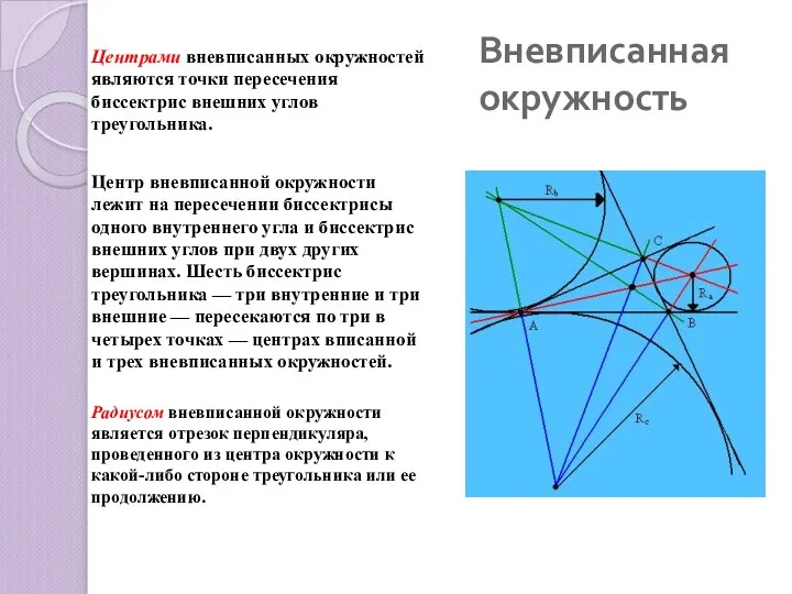 Вневписанная окружность Центрами вневписанных окружностей являются точки пересечения биссектрис внешних углов