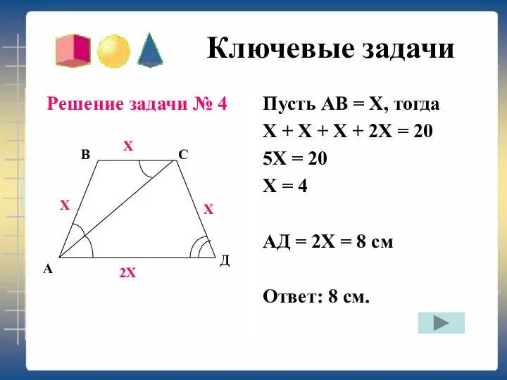 Ключевые задачи Решение задачи № 4 Пусть АВ = Х, тогда