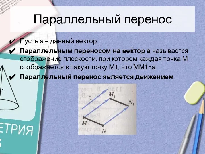 Параллельный перенос Пусть а – данный вектор Параллельным переносом на вектор