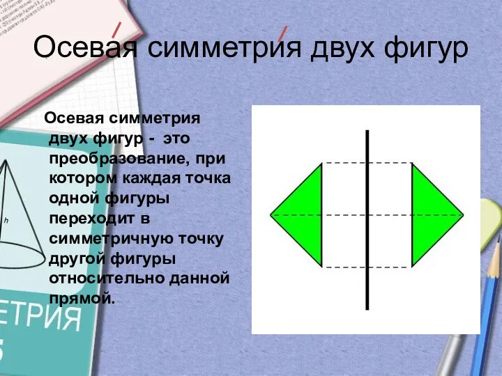 Осевая симметрия двух фигур Осевая симметрия двух фигур - это преобразование,