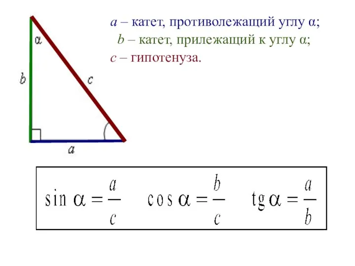 а – катет, противолежащий углу α; b – катет, прилежащий к углу α; с – гипотенуза.