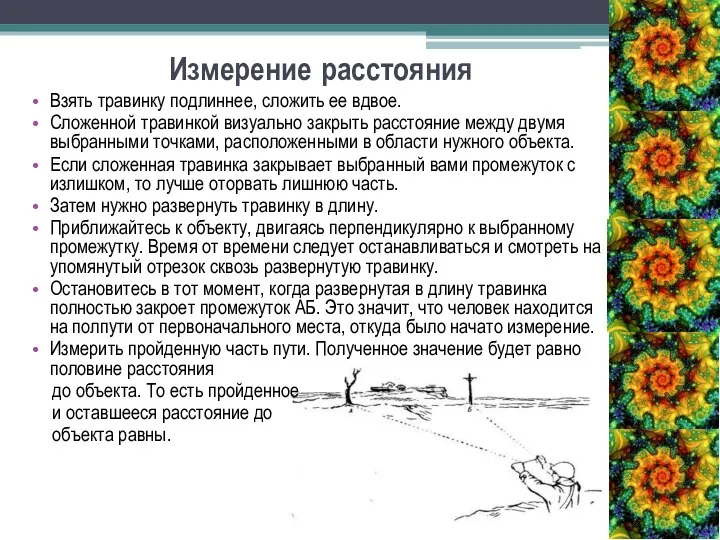 Измерение расстояния Взять травинку подлиннее, сложить ее вдвое. Сложенной травинкой визуально