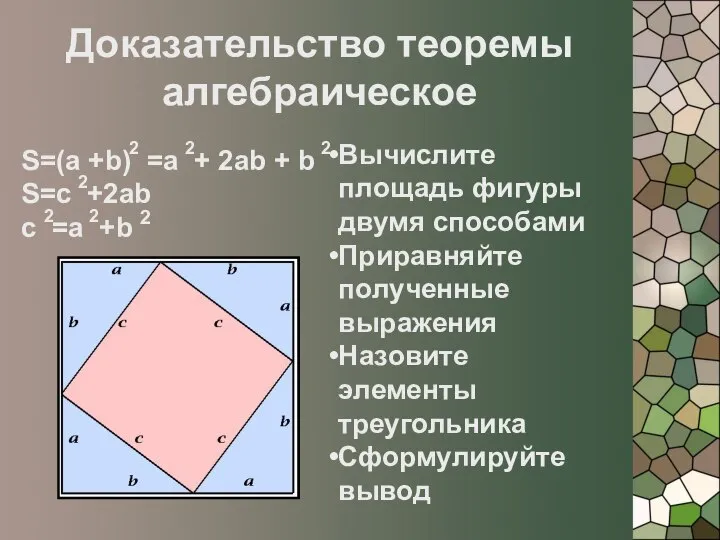 Доказательство теоремы алгебраическое Вычислите площадь фигуры двумя способами Приравняйте полученные выражения