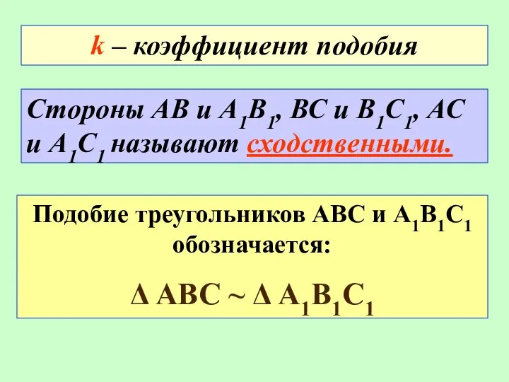 k – коэффициент подобия Подобие треугольников АВС и А1В1С1 обозначается: Δ