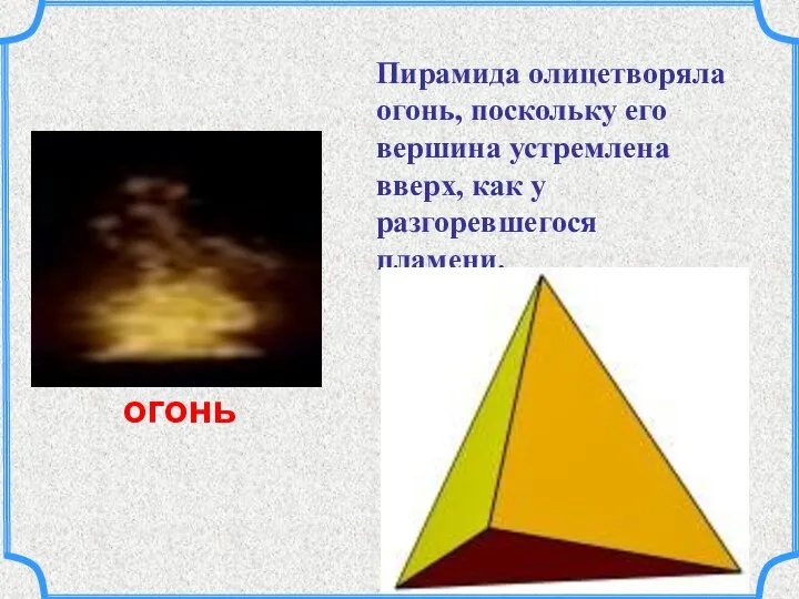 Пирамида олицетворяла огонь, поскольку его вершина устремлена вверх, как у разгоревшегося пламени. огонь