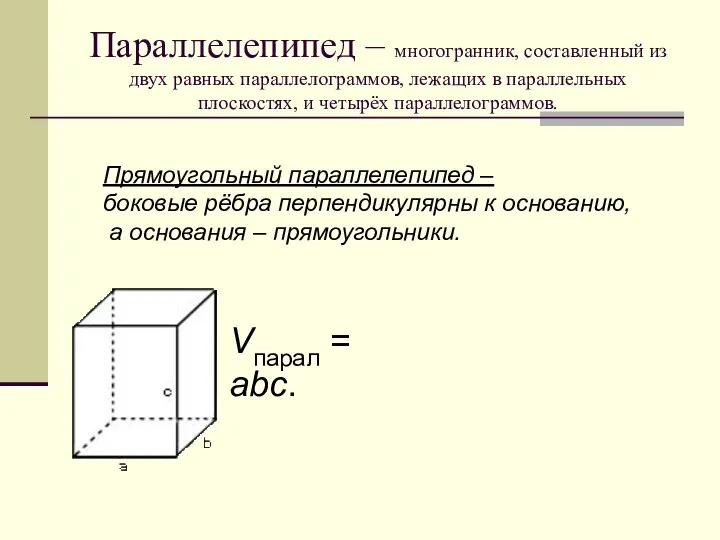Параллелепипед – многогранник, составленный из двух равных параллелограммов, лежащих в параллельных