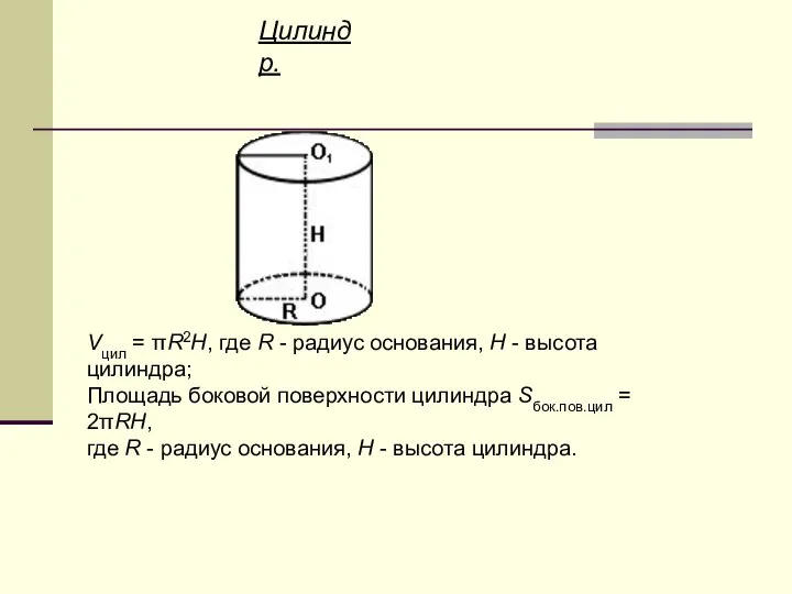 Цилиндр. Vцил = πR2H, где R - радиус основания, H -