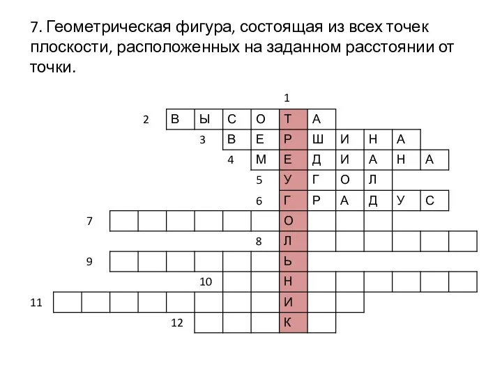 7. Геометрическая фигура, состоящая из всех точек плоскости, расположенных на заданном расстоянии от точки.