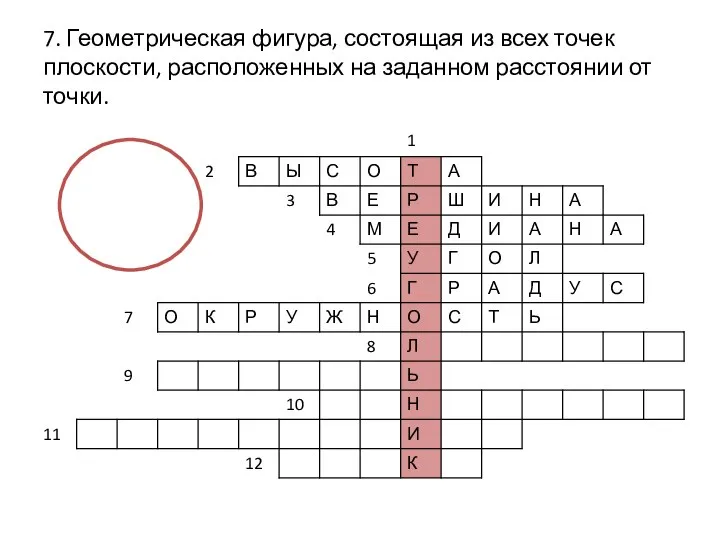 7. Геометрическая фигура, состоящая из всех точек плоскости, расположенных на заданном расстоянии от точки.