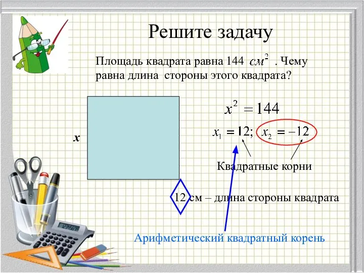 Решите задачу x Квадратные корни 12 см – длина стороны квадрата Арифметический квадратный корень