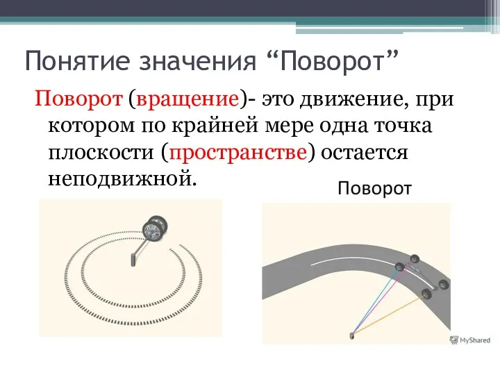 Понятие значения “Поворот” Поворот (вращение)- это движение, при котором по крайней