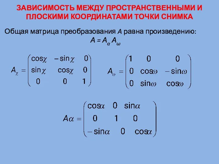 ЗАВИСИМОСТЬ МЕЖДУ ПРОСТРАНСТВЕННЫМИ И ПЛОСКИМИ КООРДИНАТАМИ ТОЧКИ СНИМКА Общая матрица преобразования