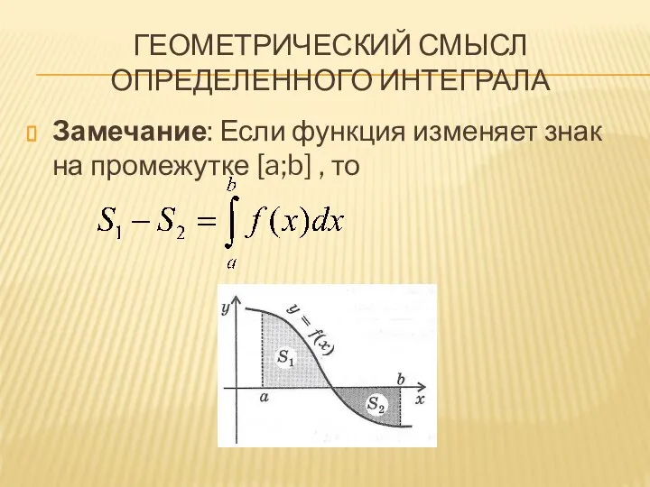 ГЕОМЕТРИЧЕСКИЙ СМЫСЛ ОПРЕДЕЛЕННОГО ИНТЕГРАЛА Замечание: Если функция изменяет знак на промежутке [a;b] , то