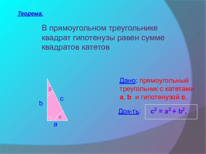 Теорема. В прямоугольном треугольнике квадрат гипотенузы равен сумме квадратов катетов Дано: