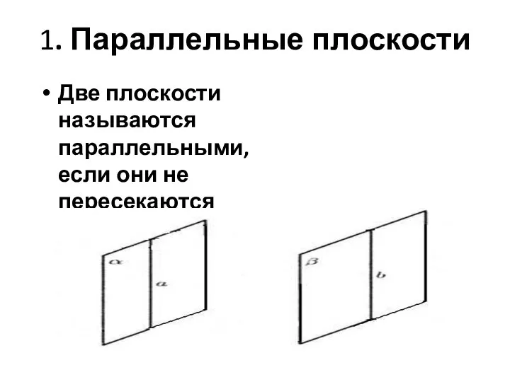 1. Параллельные плоскости Две плоскости называются параллельными, если они не пересекаются