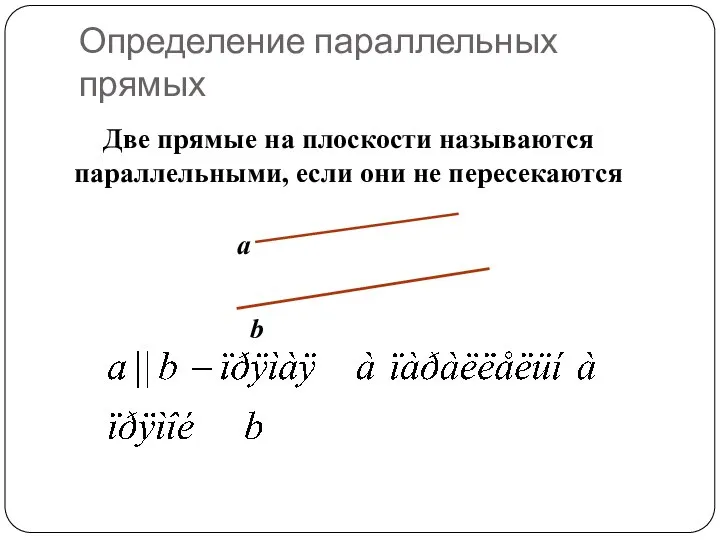 Определение параллельных прямых Две прямые на плоскости называются параллельными, если они не пересекаются