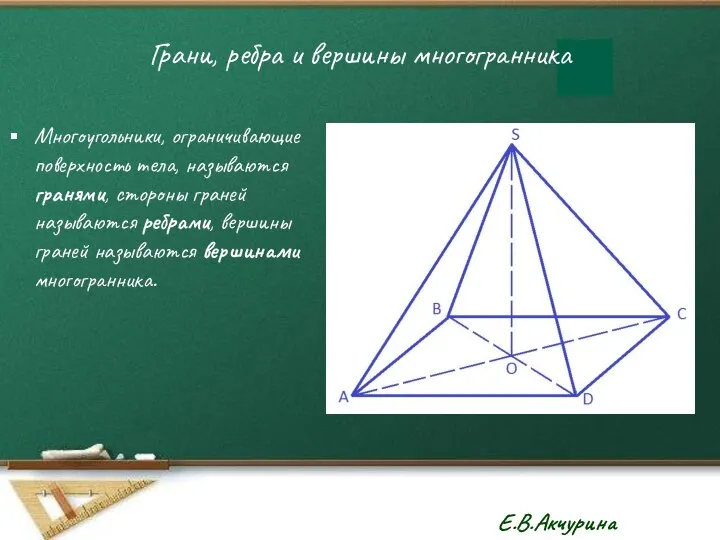 Грани, ребра и вершины многогранника Многоугольники, ограничивающие поверхность тела, называются гранями,