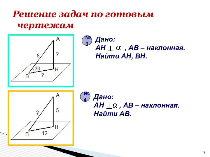 Решение задач по готовым чертежам Дано: AH , AB – наклонная.