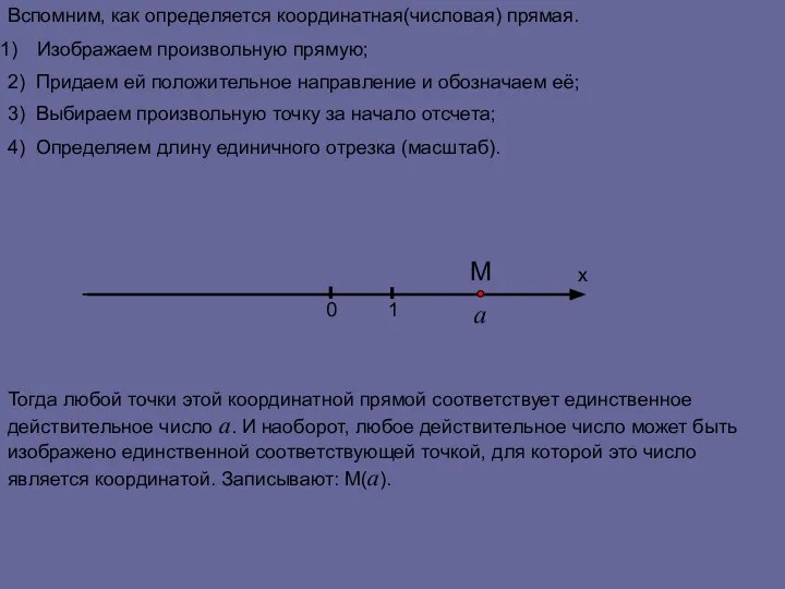 Вспомним, как определяется координатная(числовая) прямая. Изображаем произвольную прямую; х 0 1