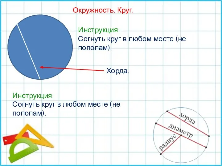 Окружность. Круг. Инструкция: Согнуть круг в любом месте (не пополам). Хорда.