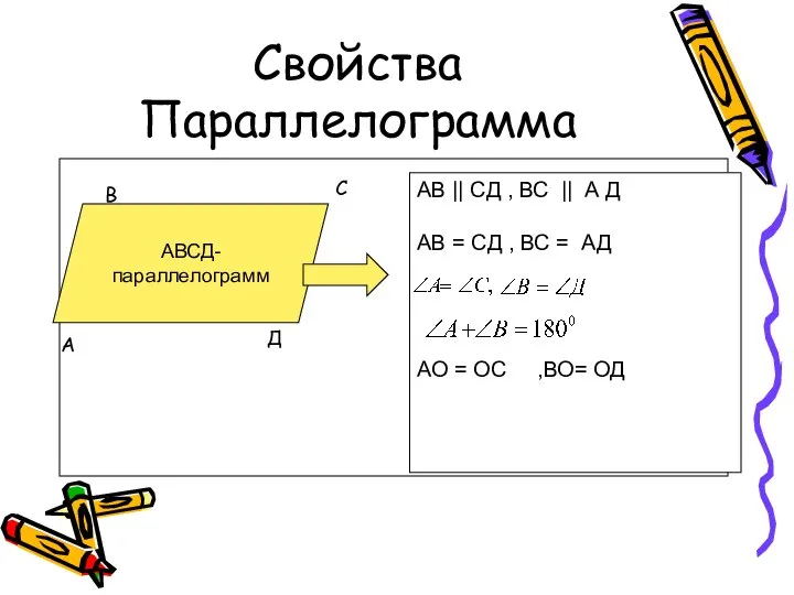 Свойства Параллелограмма АВСД- параллелограмм АВ || CД , ВС || А