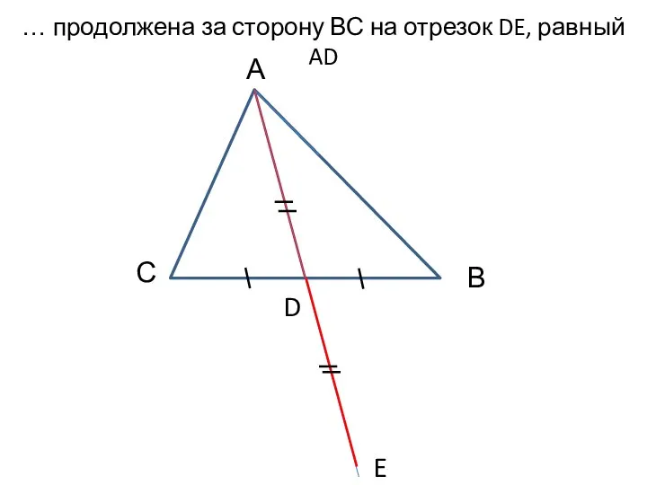 … продолжена за сторону ВС на отрезок DE, равный AD E